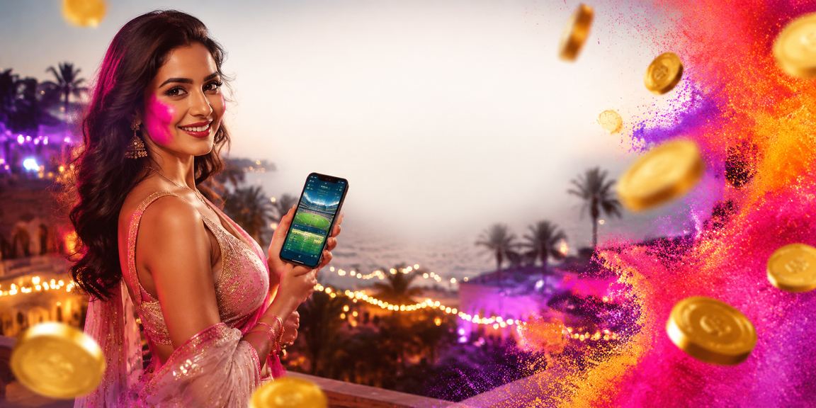 Festive Holi colors with live casino promotional activities showing vibrant Indian celebration