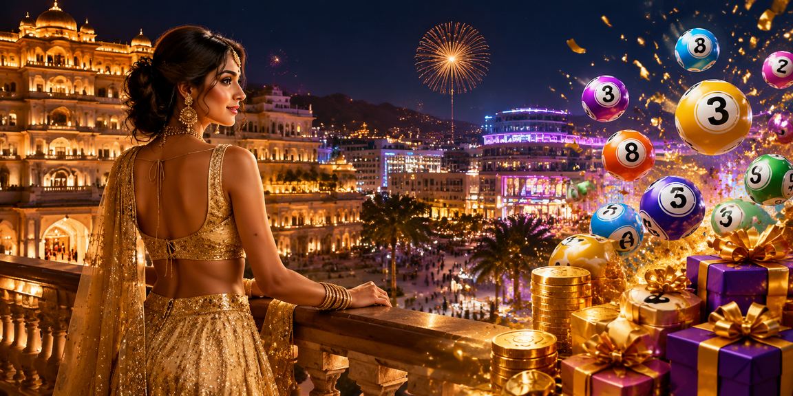 Traditional Indian festive scene with lottery tickets and cultural attire